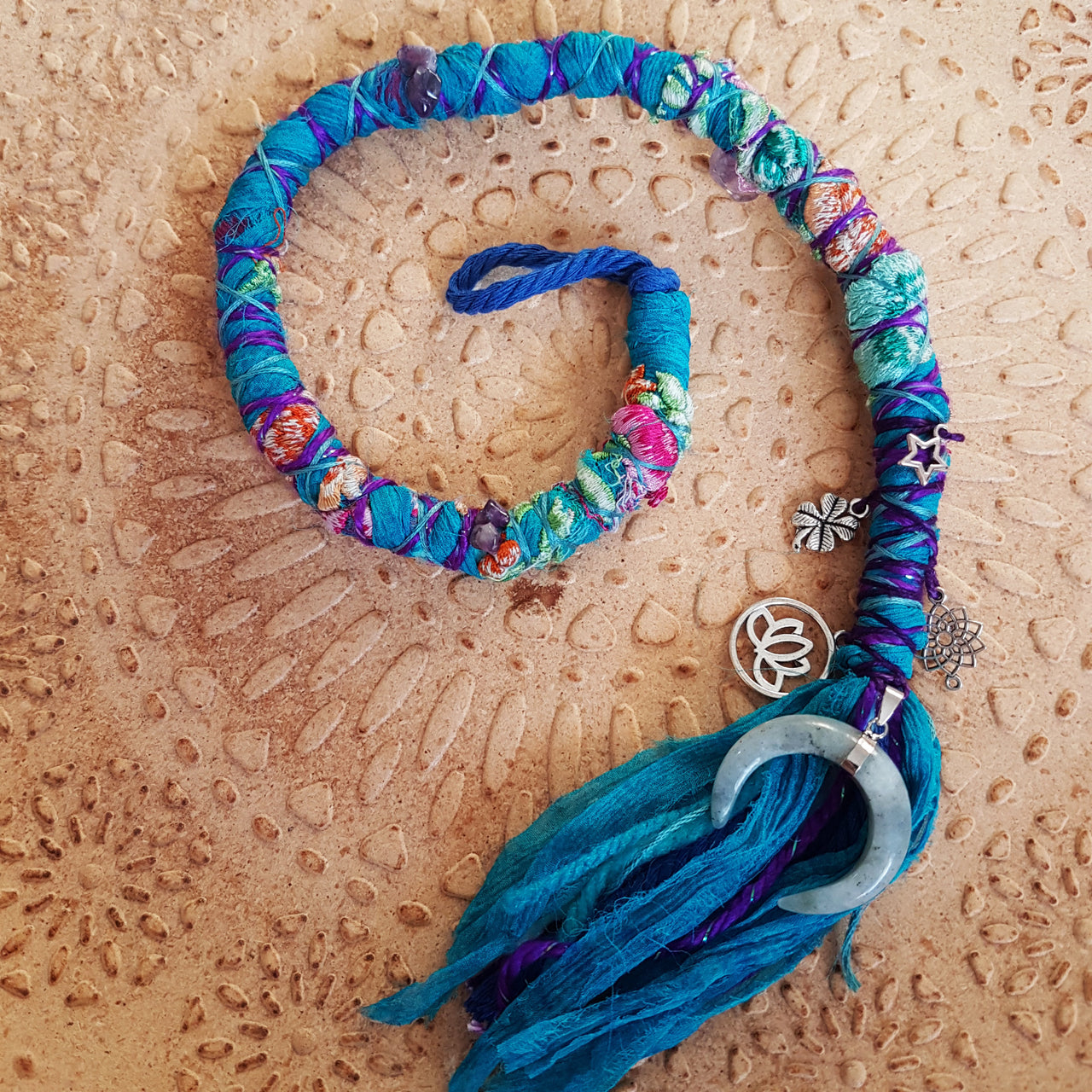 Blue Silk & Purple Dread Wrap with Labradorite | 51cm