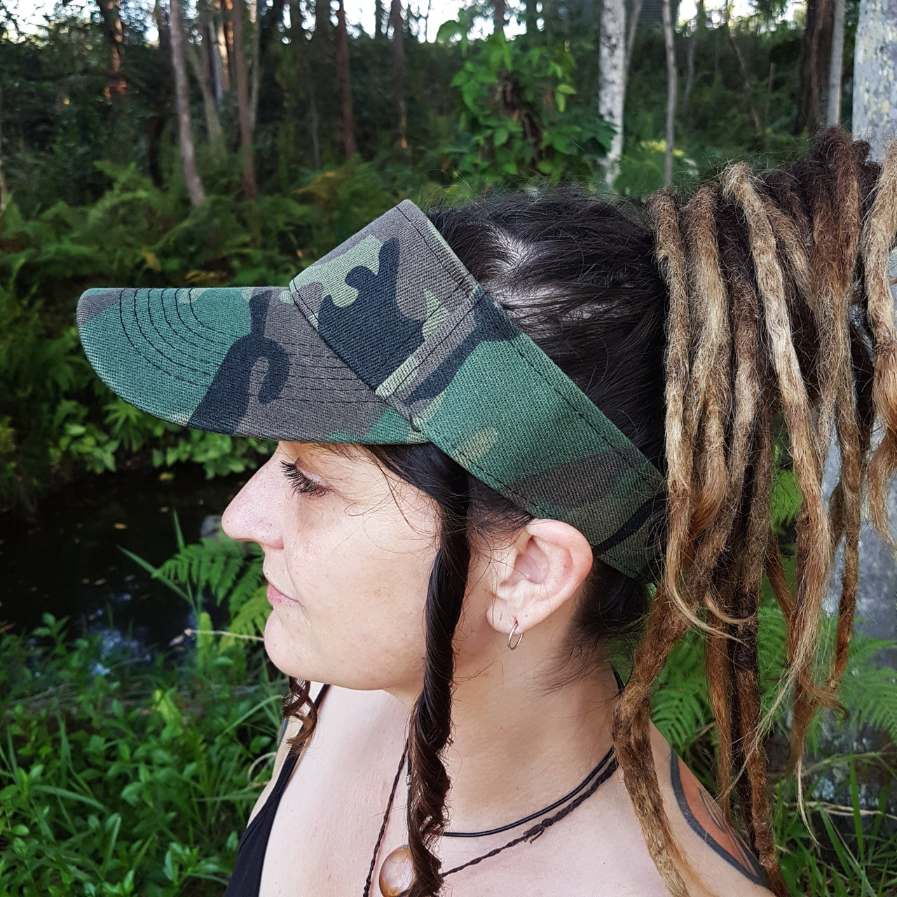 Camo printed visor hat for dreadlocks