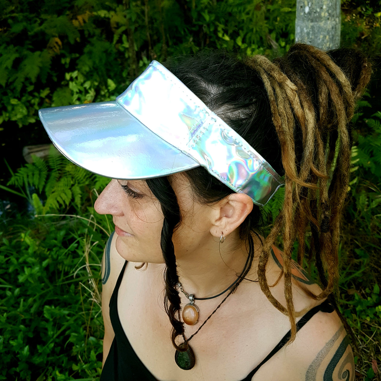 silver holographic visor hat