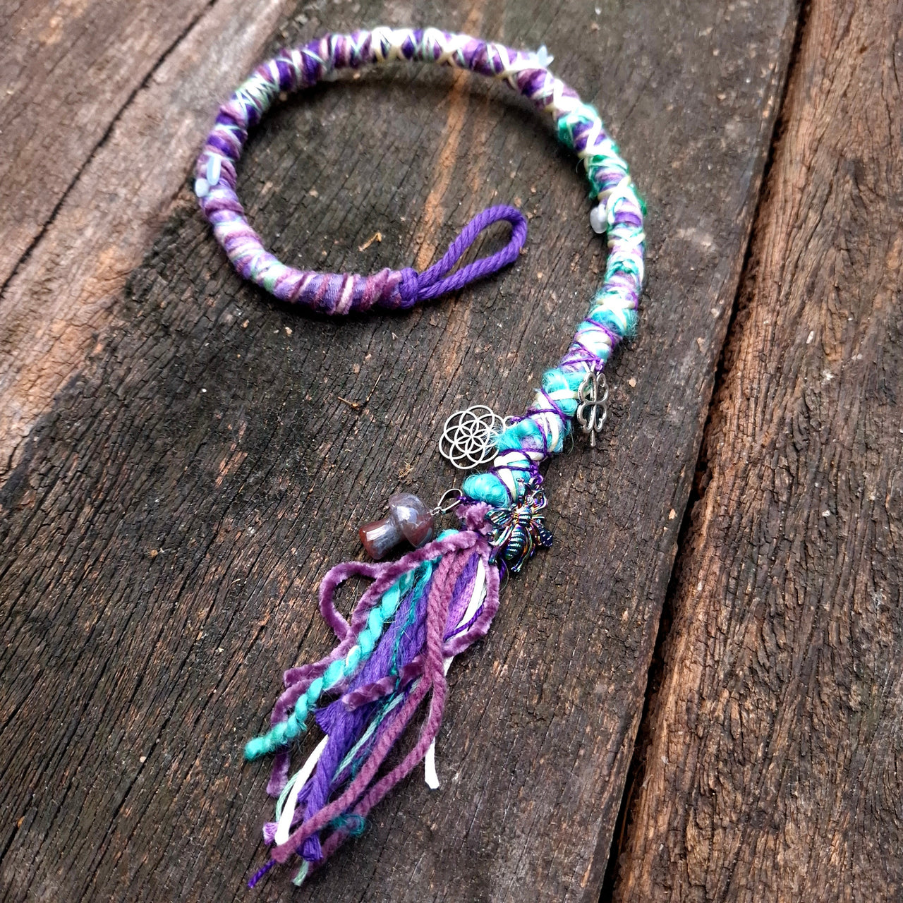 Purple Turquoise Dread Wrap with Mushroom Pendant | 51cm