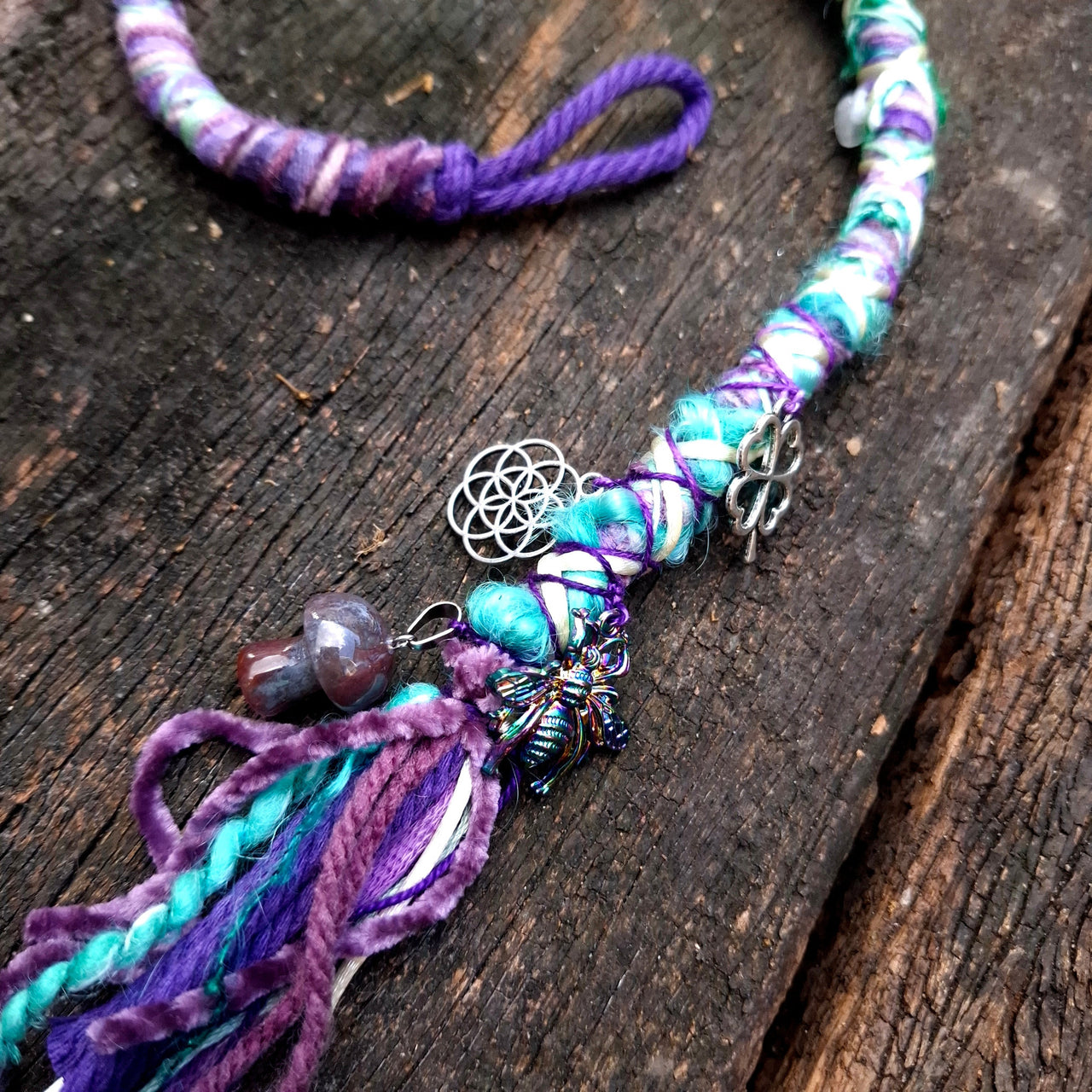 Purple Turquoise Dread Wrap with Mushroom Pendant | 51cm
