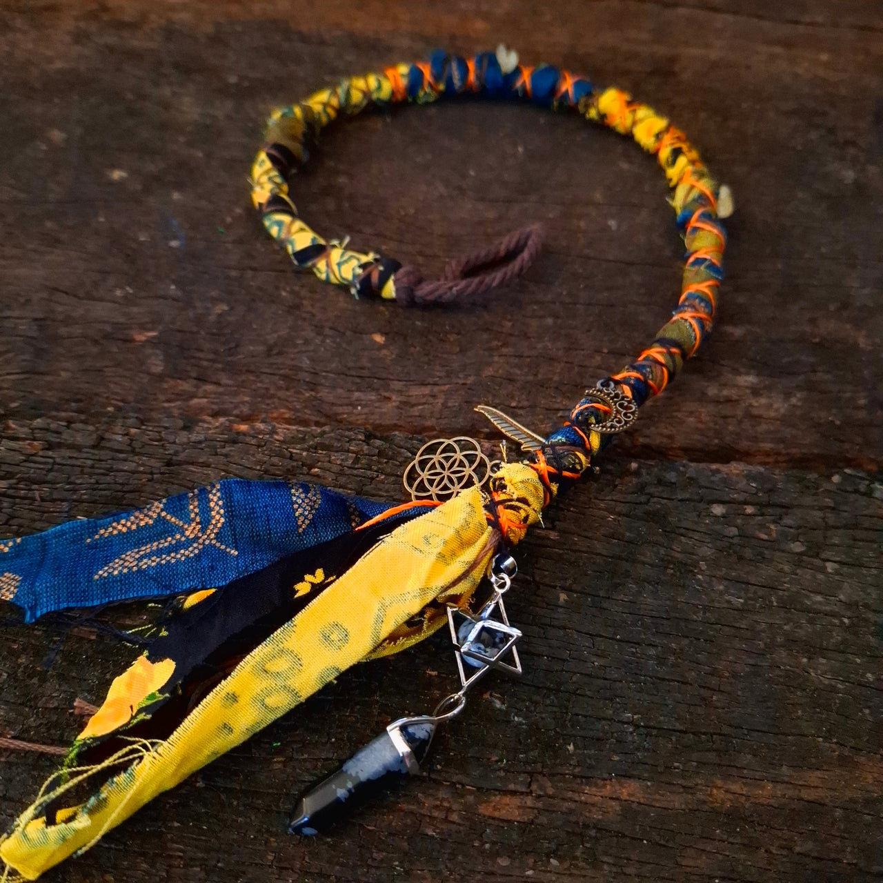 Yellow Gypsy Dread Wrap with Citrine & Obsidian | 51cm