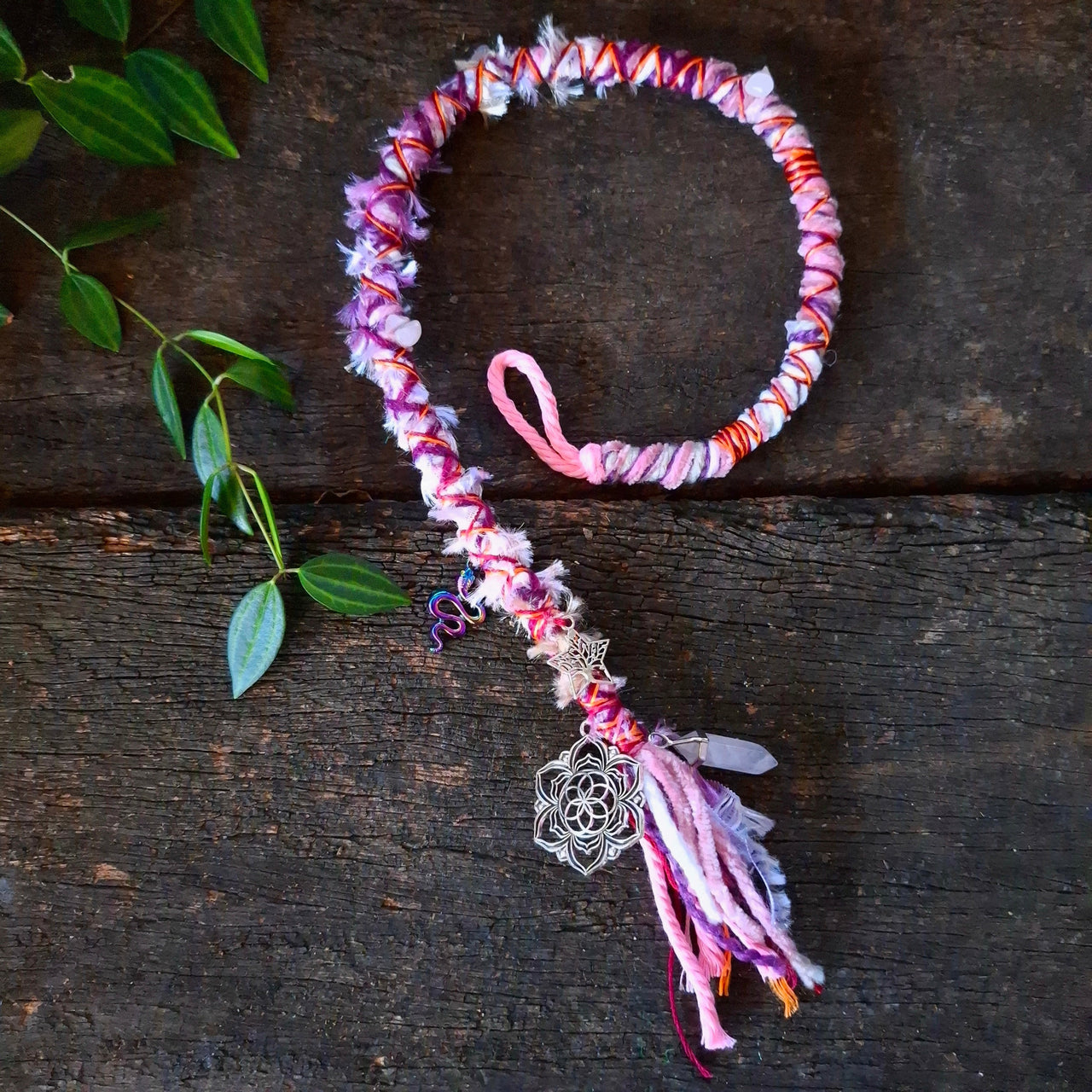 Pink dreadlock wrap with rose quartz