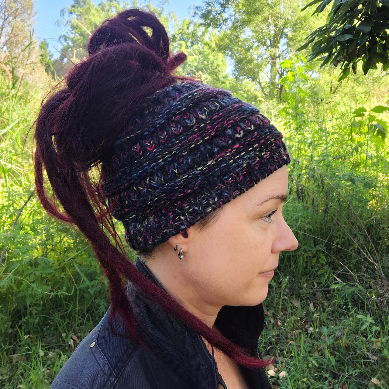 Knitted headband side view blackberry