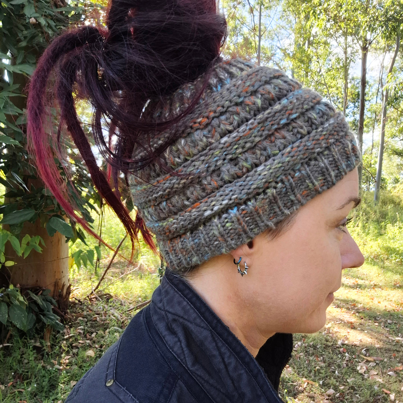 Grey knitted headband side view