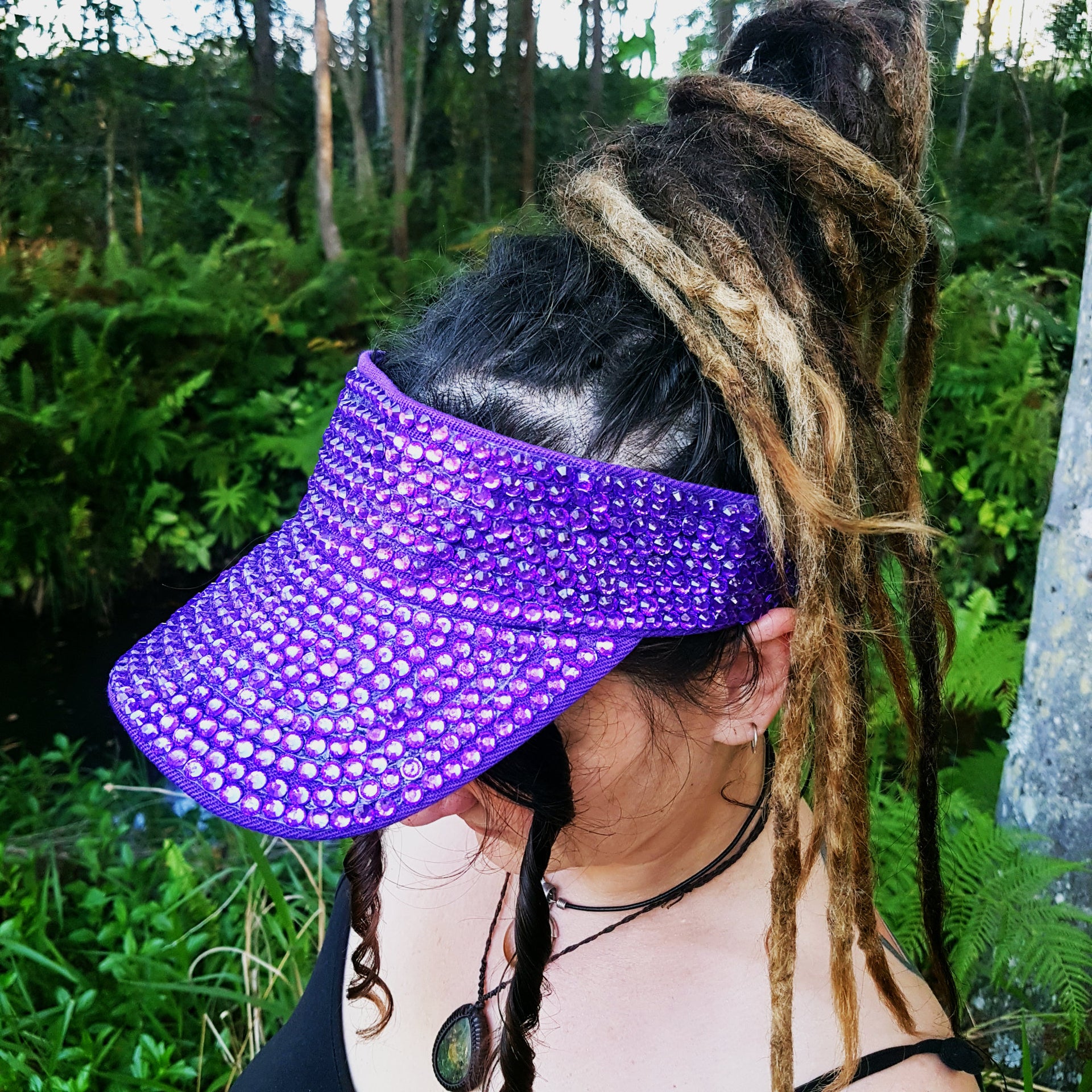 Purple sparkle visor hat for dreadlocks top view