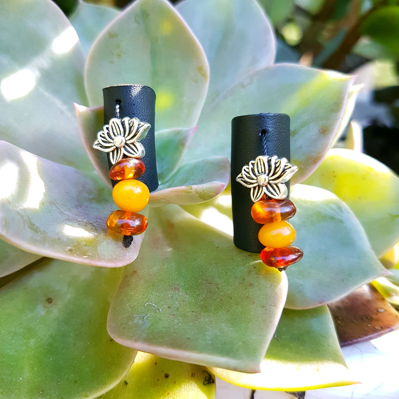 Lotus Flower & Amber Leather Dreadlock Cuff