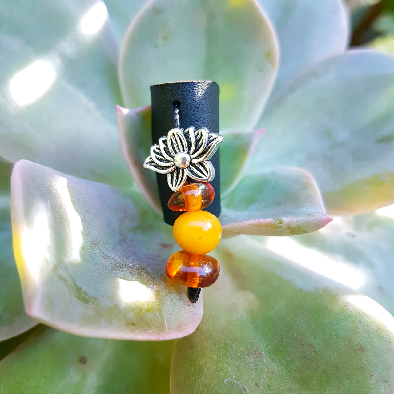 Lotus Flower & Amber Leather Dreadlock Cuff