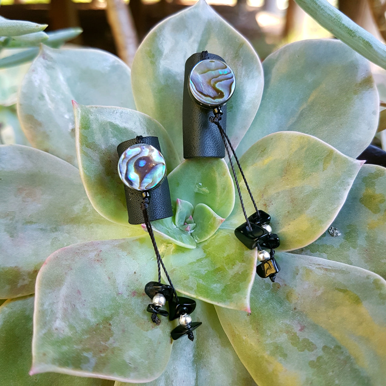 Paua Shell & Black Onyx Leather Dreadlock Cuff