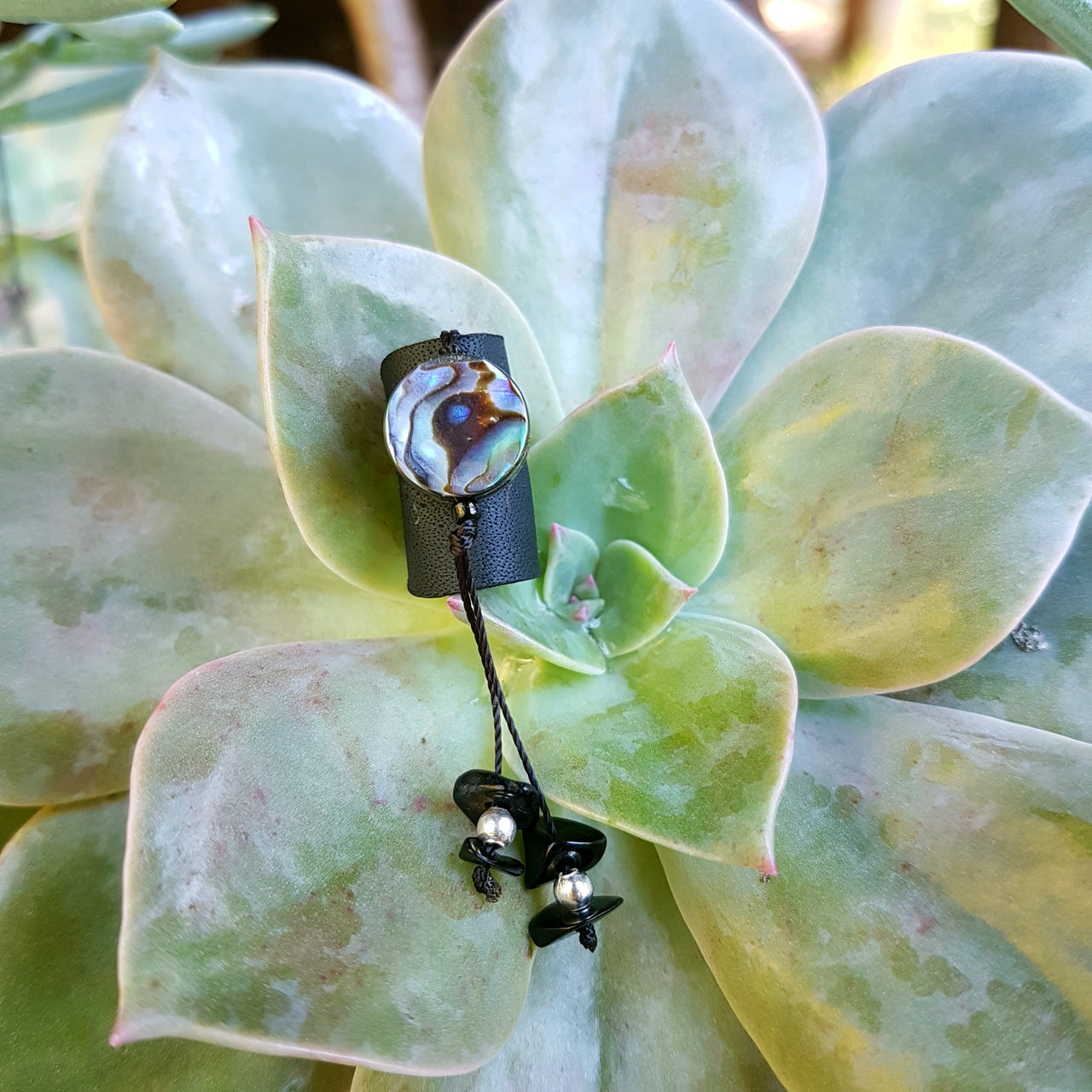 Paua Shell & Black Onyx Leather Dreadlock Cuff