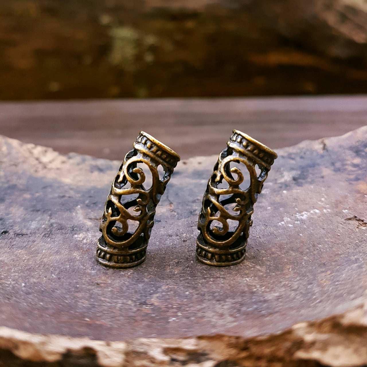 Bronze Curved Tube Bead Pair | 7mm hole